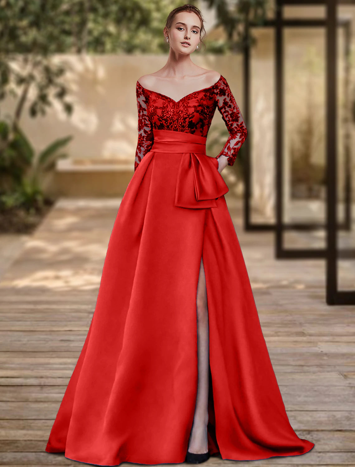 Etui-/Säulen-Abendkleid, hochgeschlitztes Kleid, formeller Hochzeitsgast, Schleppe/Pinselzug, 3/4-Ärmel, schulterfrei, Charmeuse mit Schleife(n), Pailletten